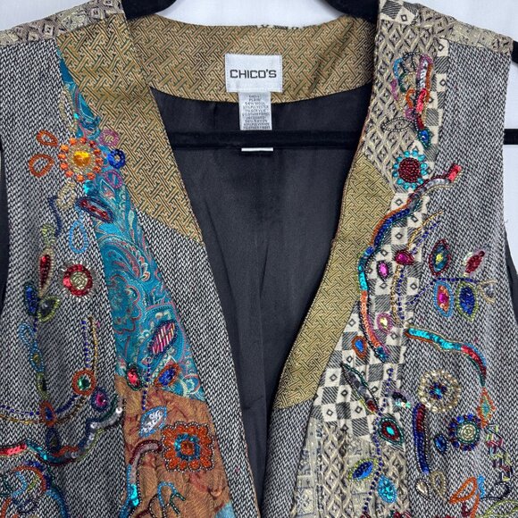 Chicos‎ Size 1 (M/8) Women's Wool Blend Vest Beaded Sequins Patchwork Artsy Boho - Picture 3 of 11